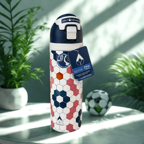Wellness Revive 24oz Stainless Steel Vacuum Insulated Bottle – Geometric Soccer Print