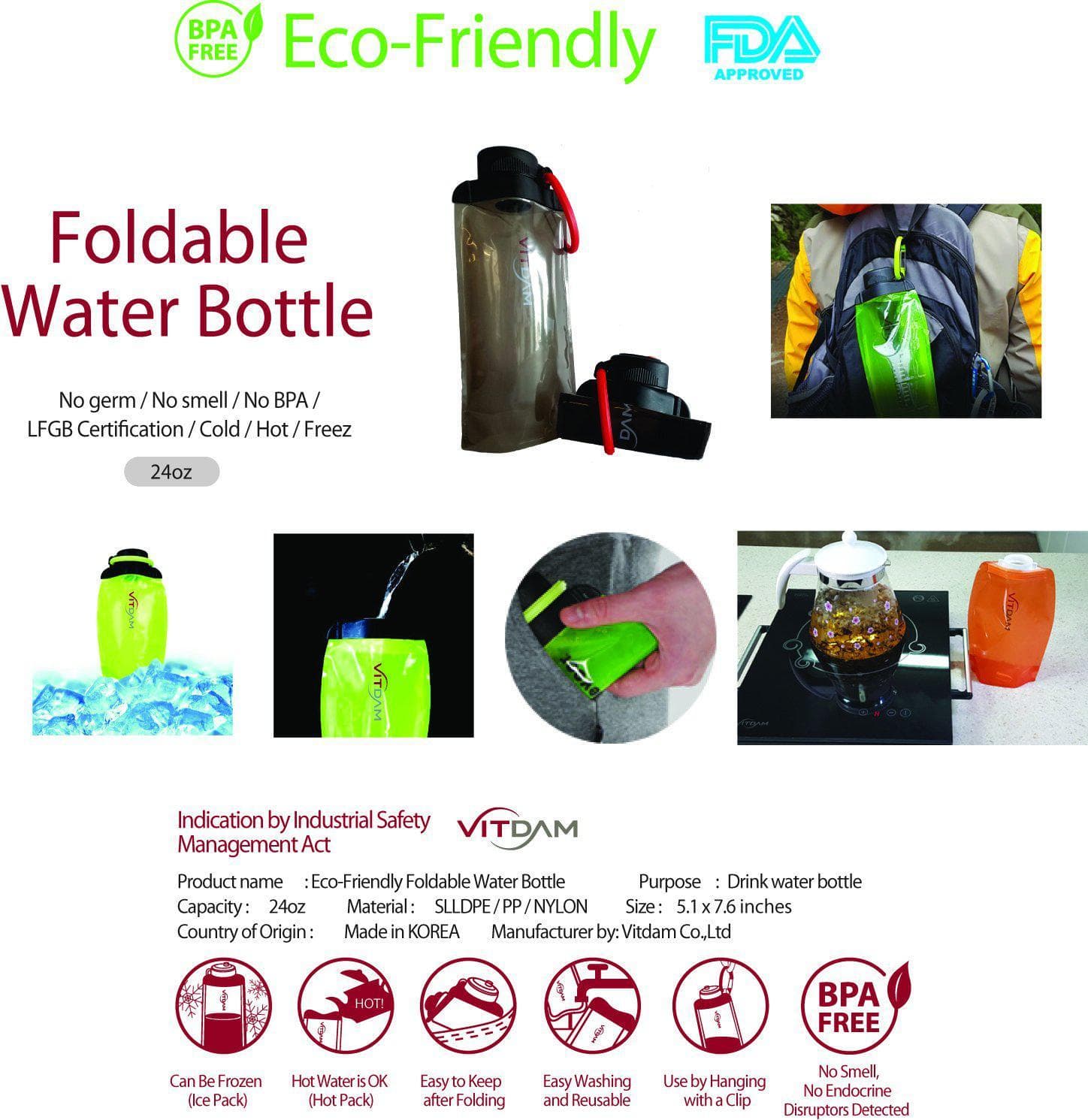 Vitdam Foldable Reusable Water Bottles BPA Free, FDA Approved